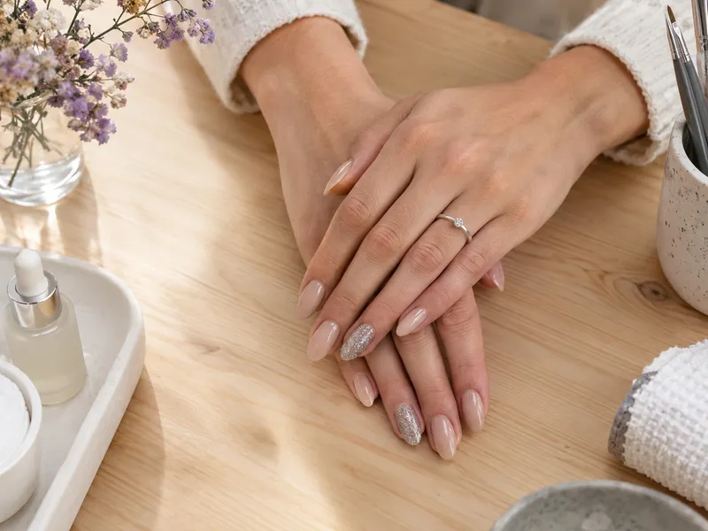 Mãos com unhas de gel nude sobre uma mesa de madeira clara